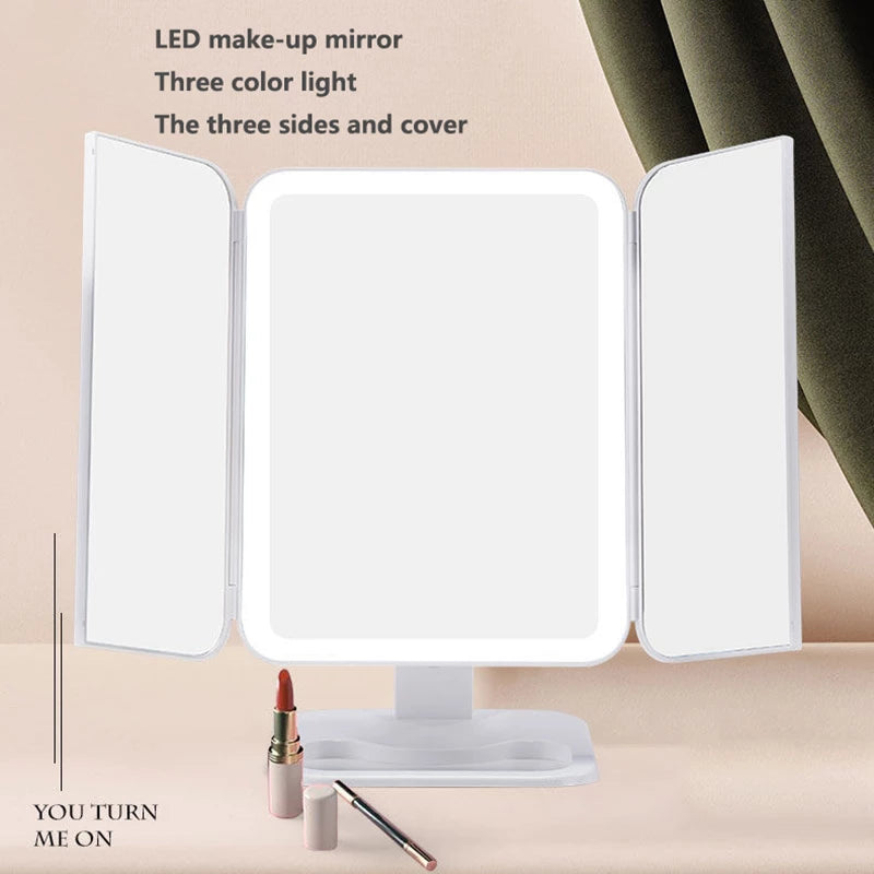 Trifold Makeup Mirror With Light 68 LED Vanity Mirrors 10X Magnifying 180Rotation